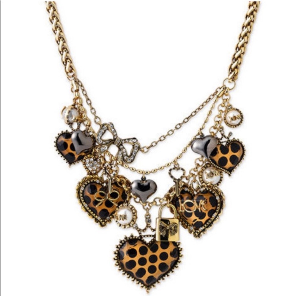 BETSEY JOHNSON LEOPARD HEART CHARM NECKLACE VINTAGE STATEMENT MULTI STRAND